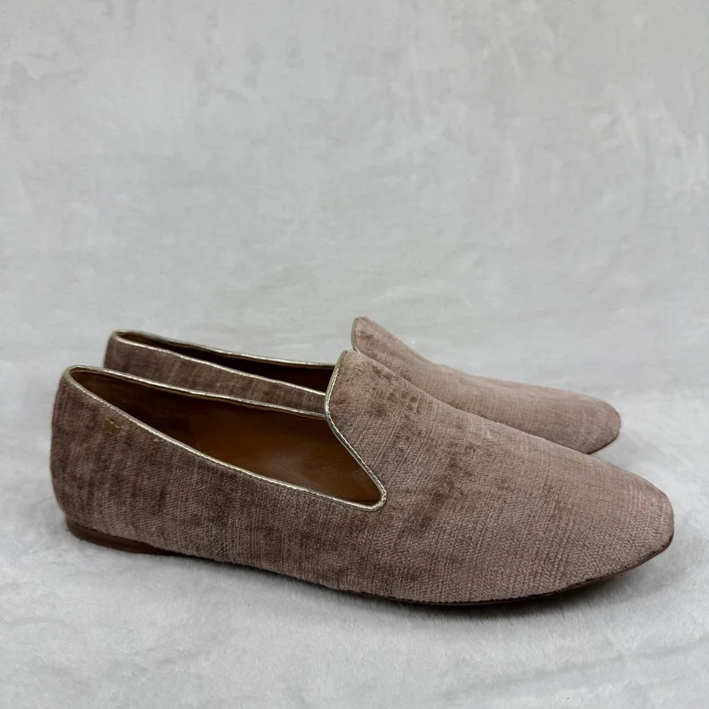 Tory Burch Dusty Rose Velvet Ribbed Smoking Slipper Loafers‎ Gold Trim Flats 9.5